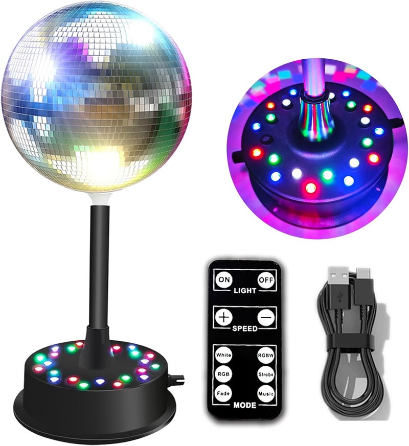 DGRIVERGOD ضوء كرة مرآة دوارة RGBW عن بُعد، سرعة قابلة للتعديل 5-10RPM، 23 LED ديسكو موتور مع كرة مرآة 6" لتزيين حفلات عيد الميلاد - Image 1